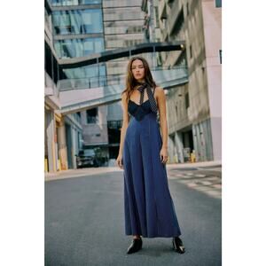 Free People Ava One-Piece Wide Leg Blue Pin Stripe Jumpsuit Size XS